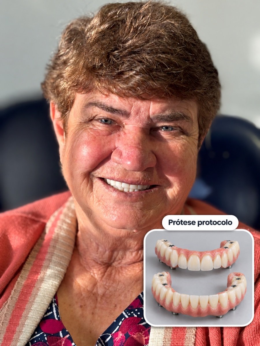 Retrato de paciente sorrindo com detalhe de prótese protocolo